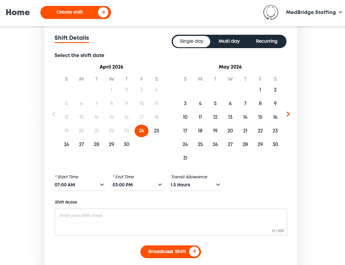 Schedule and broadcast a shift — single-day, multi-day and recurring options, month calendars, start and end times, unpaid break, broadcast to team and shift notes