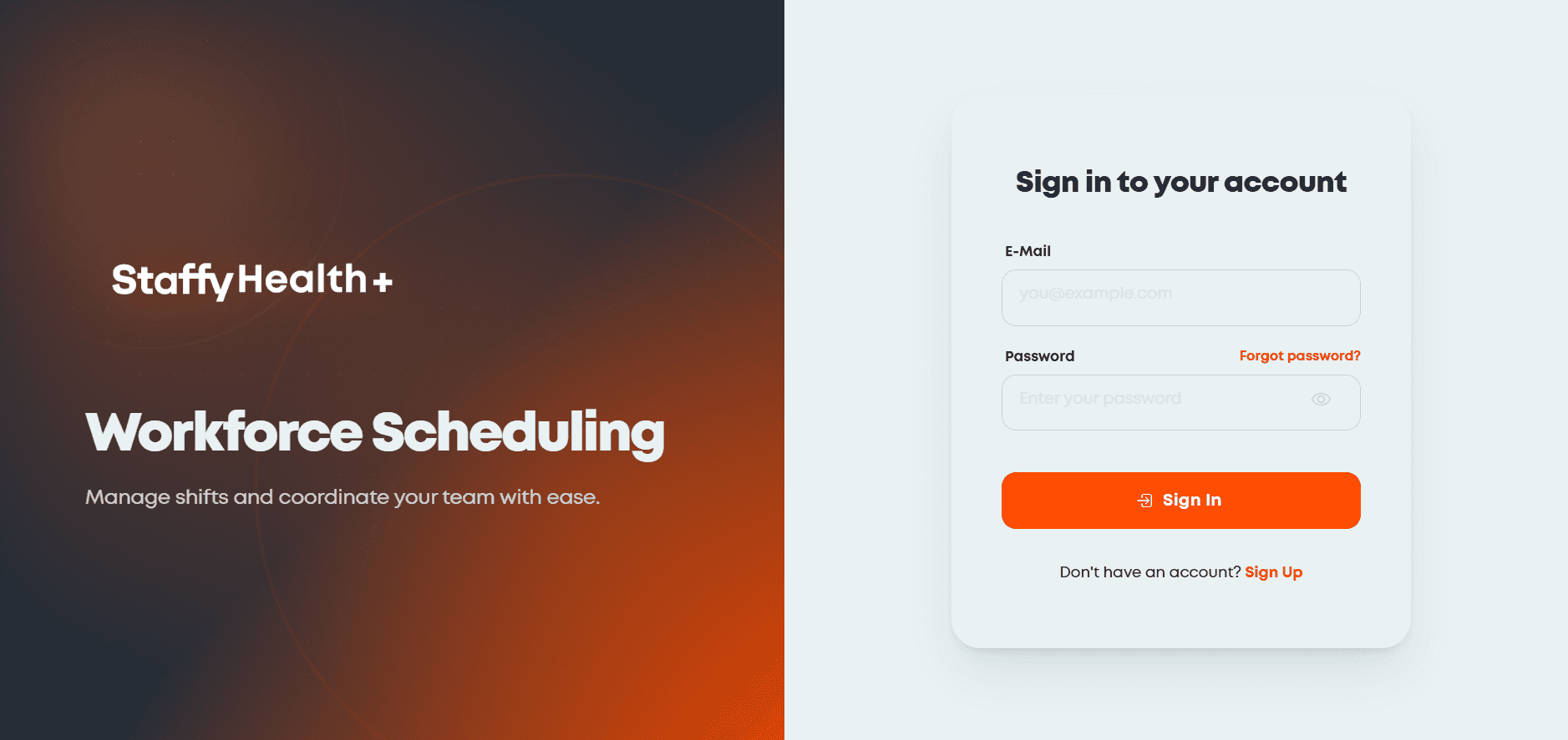 Sign in to Staffy Workforce Scheduling — brand panel on the left with the tagline 'Making a Difference', sign-in form on the right