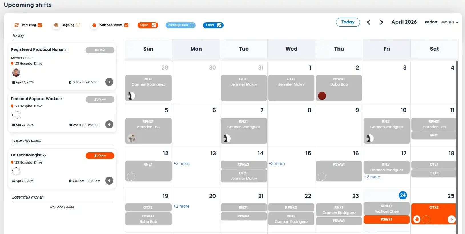 Staffy Workforce Scheduling — April 2026 upcoming shifts calendar with staff-assigned shift pills across the month
