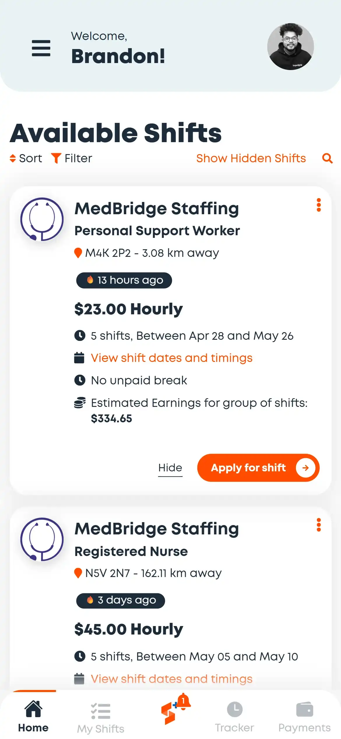 Worker profile menu — reliability score, lifetime shift count and navigation