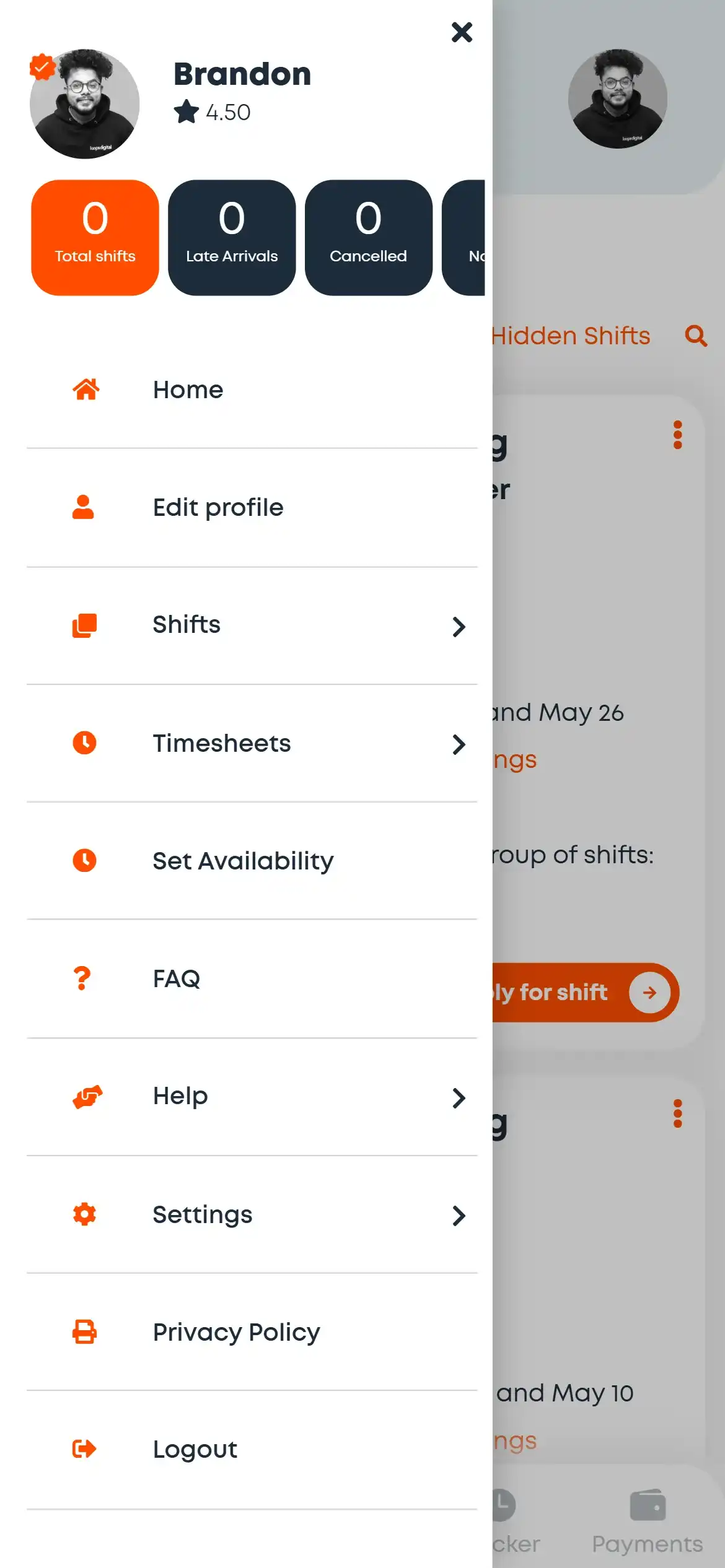 Available Shifts feed on the worker mobile app — matching roles, distances and pay appear automatically